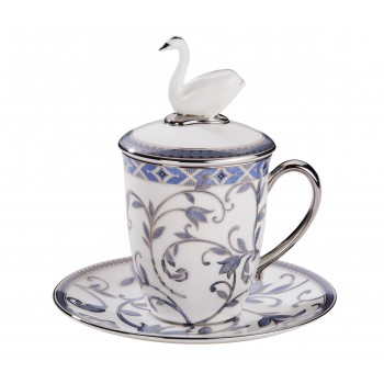 Набор Swan с синим орнаментом: чашка 300 мл с крышкой + блюдце, фарфор, Prouna