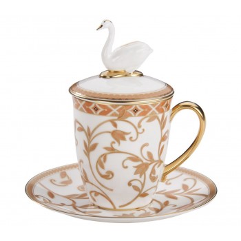 Набор Swan с терракотовым орнаментом: чашка 300 мл с крышкой + блюдце, фарфор, Prouna