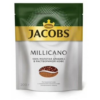 Кофе растворимый с добавлением молотого Millicano, пакет 200 г, Jacobs