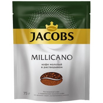 Кофе растворимый с добавлением молотого Millicano, пакет 75 г, Jacobs